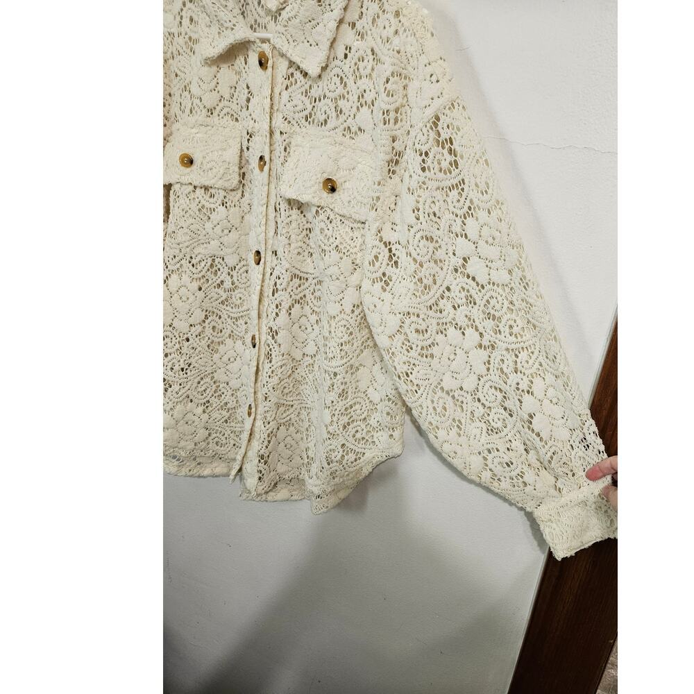 Bibi Oversized Cream Lace Button Down Shacket Size Small Front Pockets Collar - Picture 7 of 10